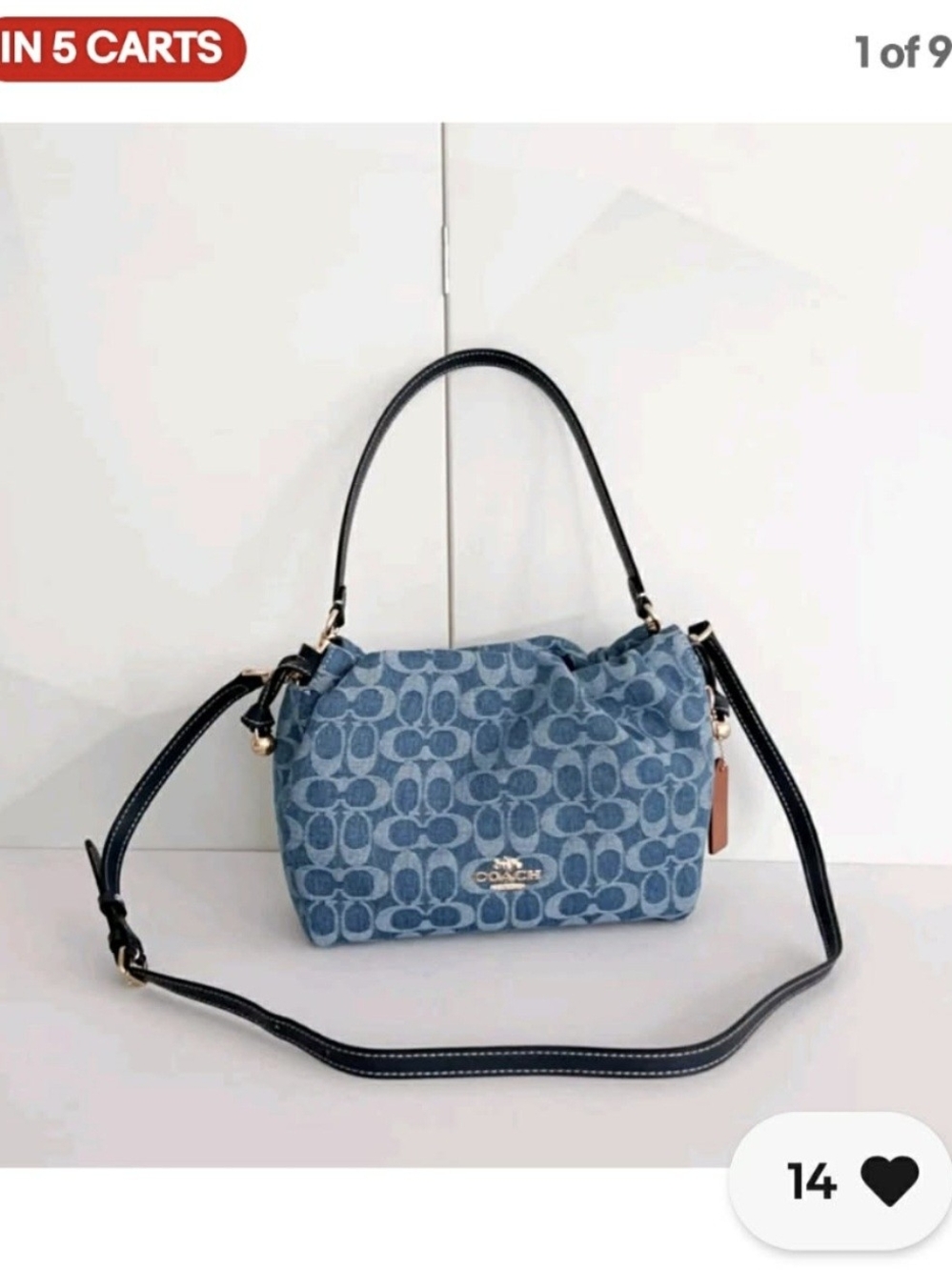 Coach Faye Denim Blue Signature Jacquard Shoulder Bag with Black Straps